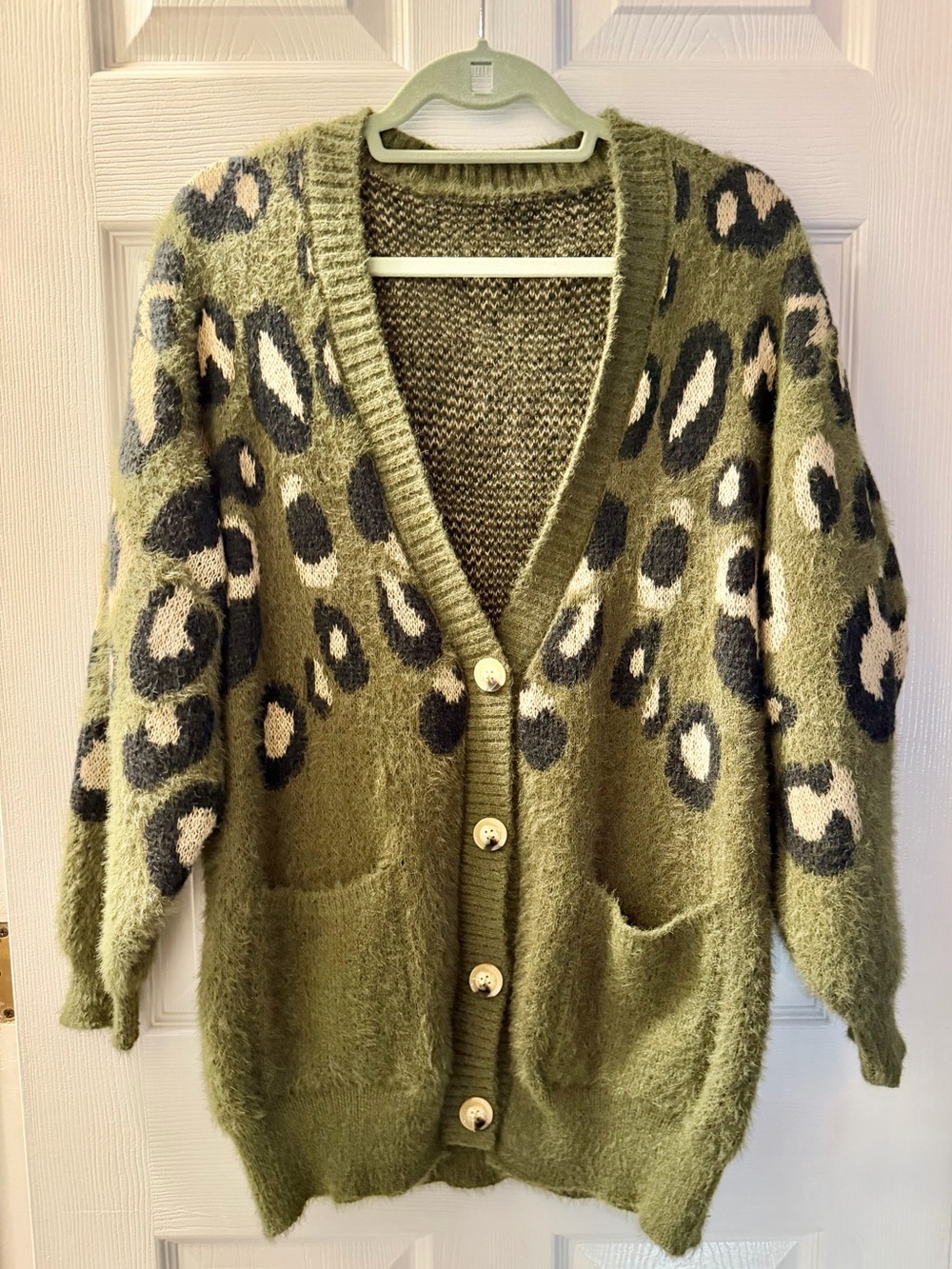 SHEIN Olive Green Leopard Fuzzy Cardigan Large
